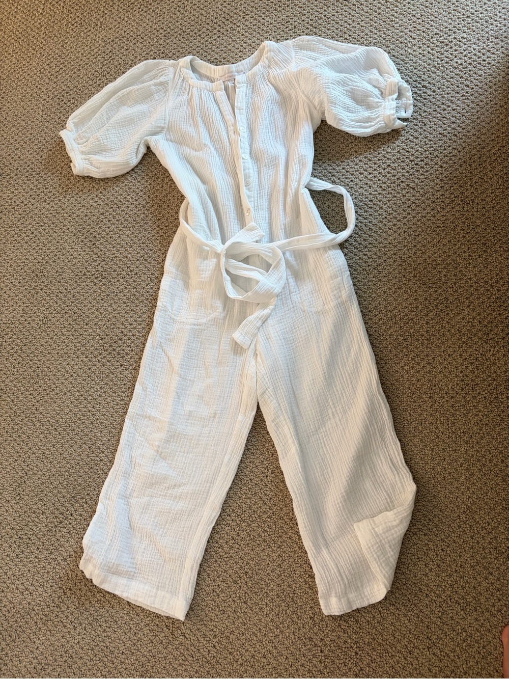 Olivaceous White Gauze Button-Front Jumpsuit cropped